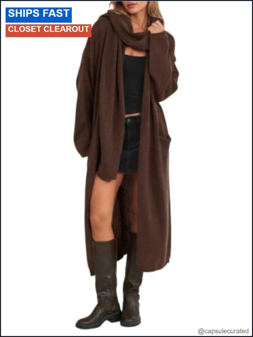 Womens Long Open Front Knit Cardigan Sweater Coat with Scarf